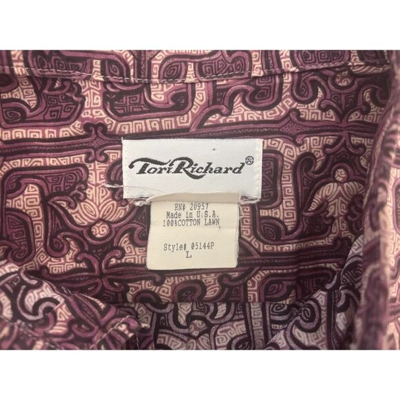 TORI RICHARD Short Sleeve Shirt Size Large Hawaiian Cotton Lawn Purple Tribal - Picture 4 of 7